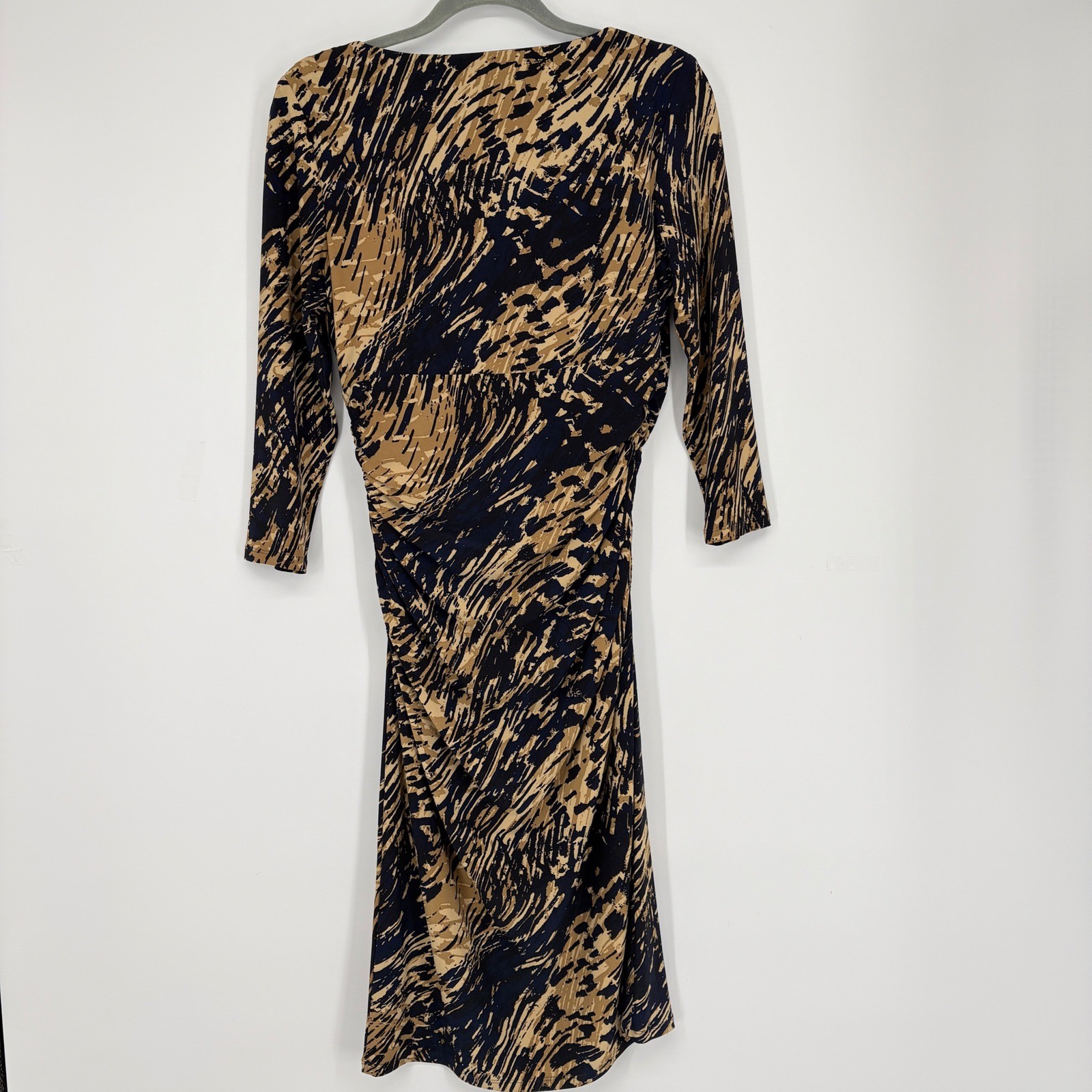 American Living Navy Blue Gold Abstract Print Ruched Faux Wrap Sheath Dress 10