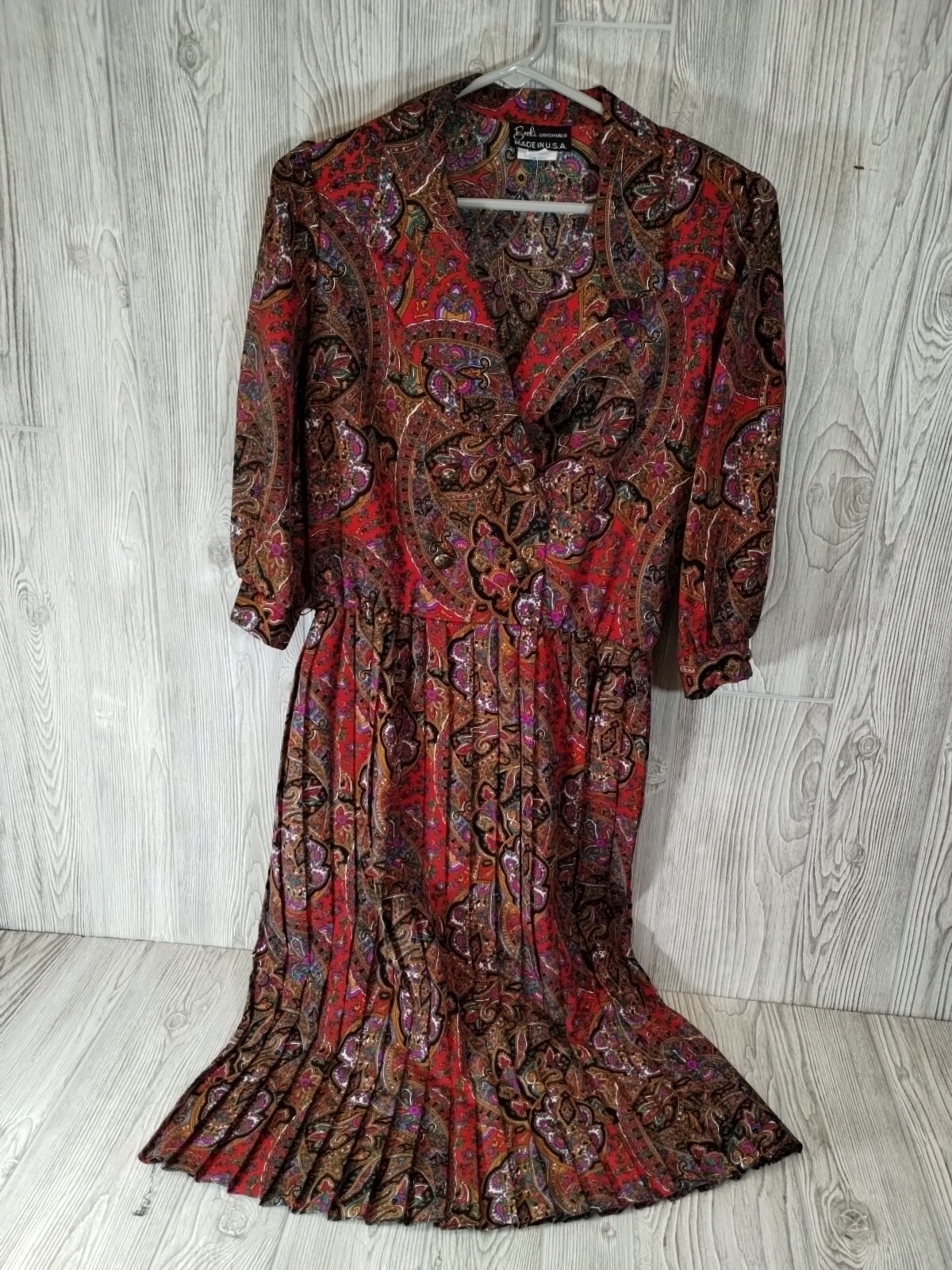 Breli Originals Size 12 Dress 3/4 Sleeve Red Paisley Buttons Pleated Skirt