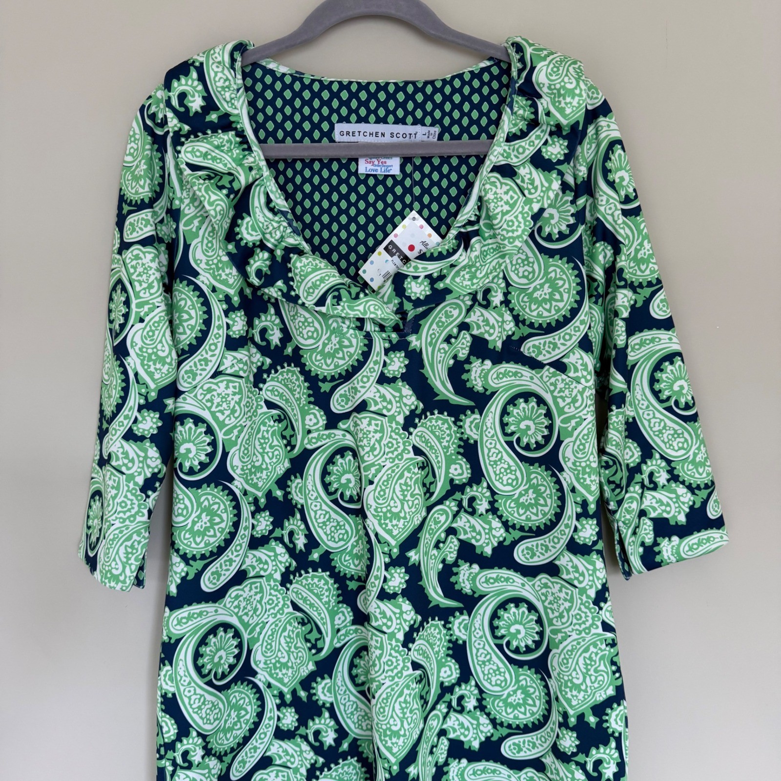 Gretchen Scott Plentiful Paisley Ruffneck Popover Shift Dress L Green/Navy NWT