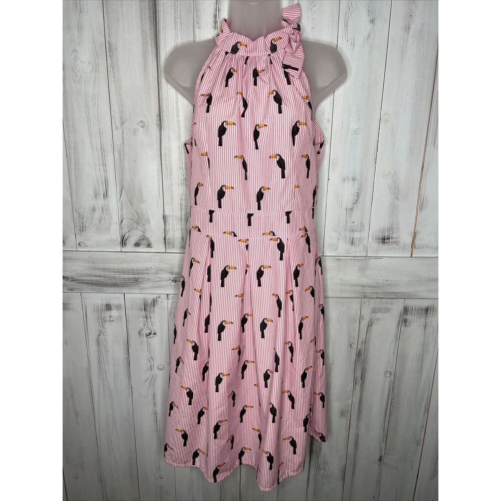 LUNGO L’ARNO PINK WHITE STRIPED TOUCAN HALTER TIE NECK PLEATED SHIRT DRESS S