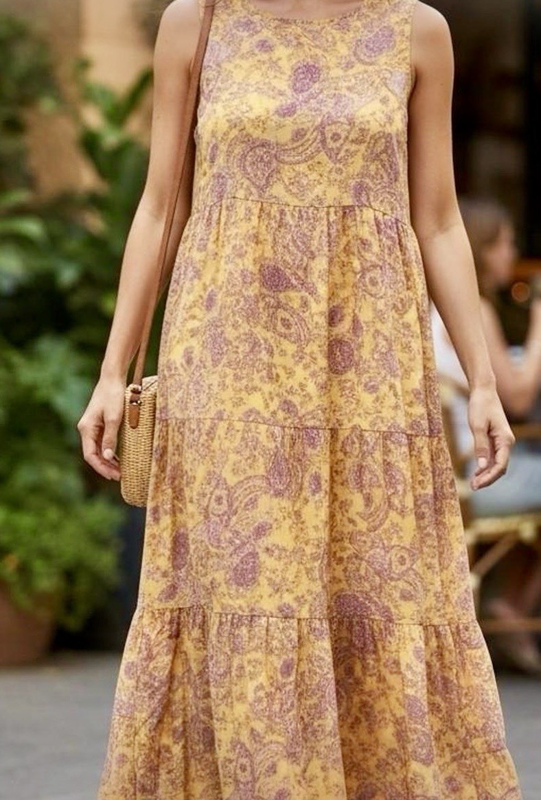 J JILL Tiered Yellow Paisley Maxi Dress Sleeveless Cottagecore Prairie M