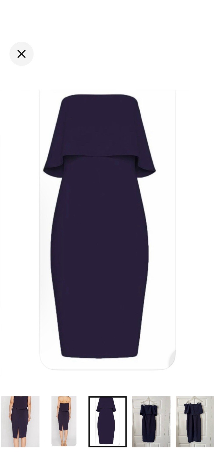 LIKELY Navy Strapless Ruffle Sheath Midi Dress 2 Lined Stretch Zip