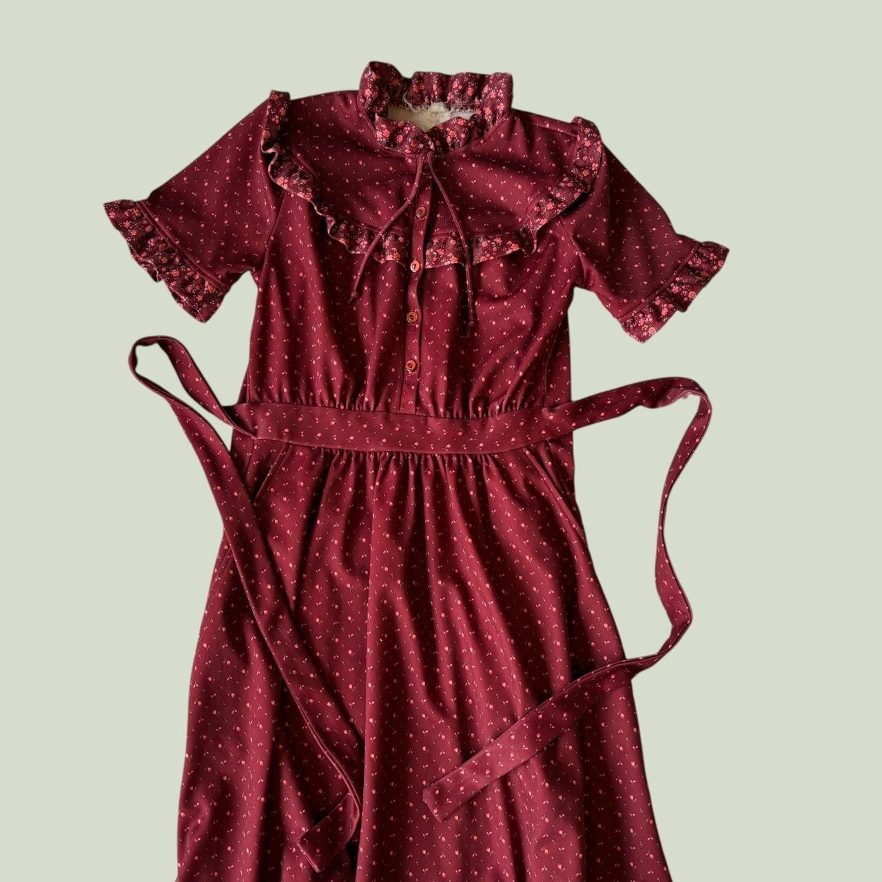Red 70s ditsy floral prairie midi dress