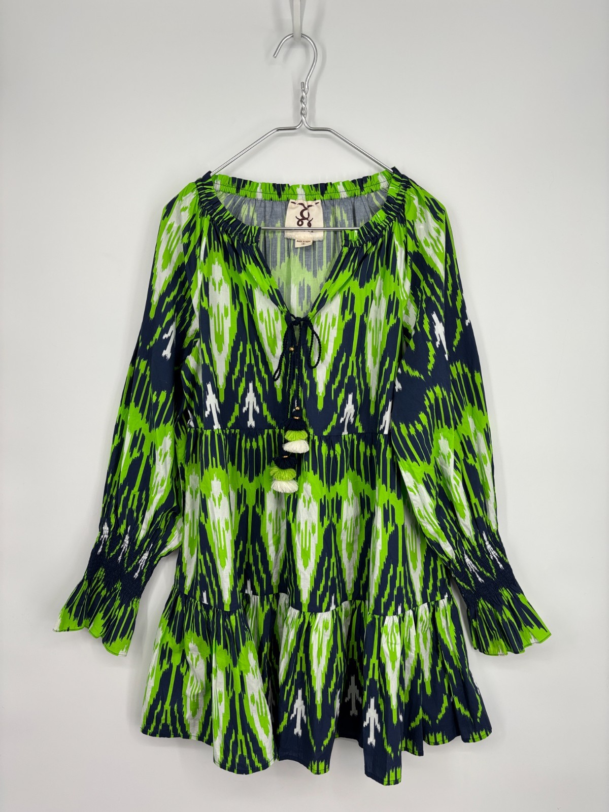 Figue Dress Womens M Green Ikat Bella Short Cotton Ruffle Skater Tassels Pockets