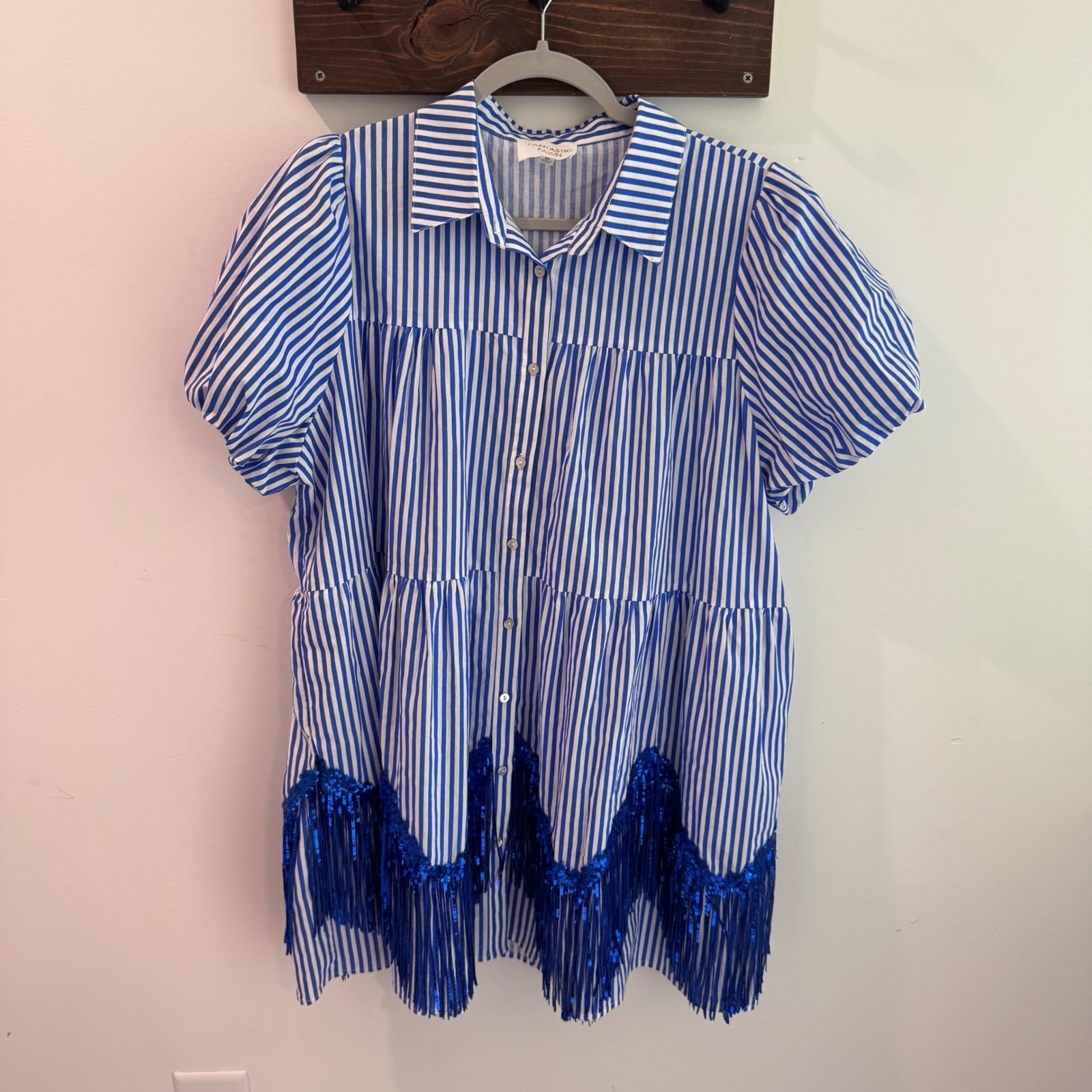 Fantastic Fawn Blue Striped Sequin Puff Sleeve Fringe Tiered Mini Dress Medium