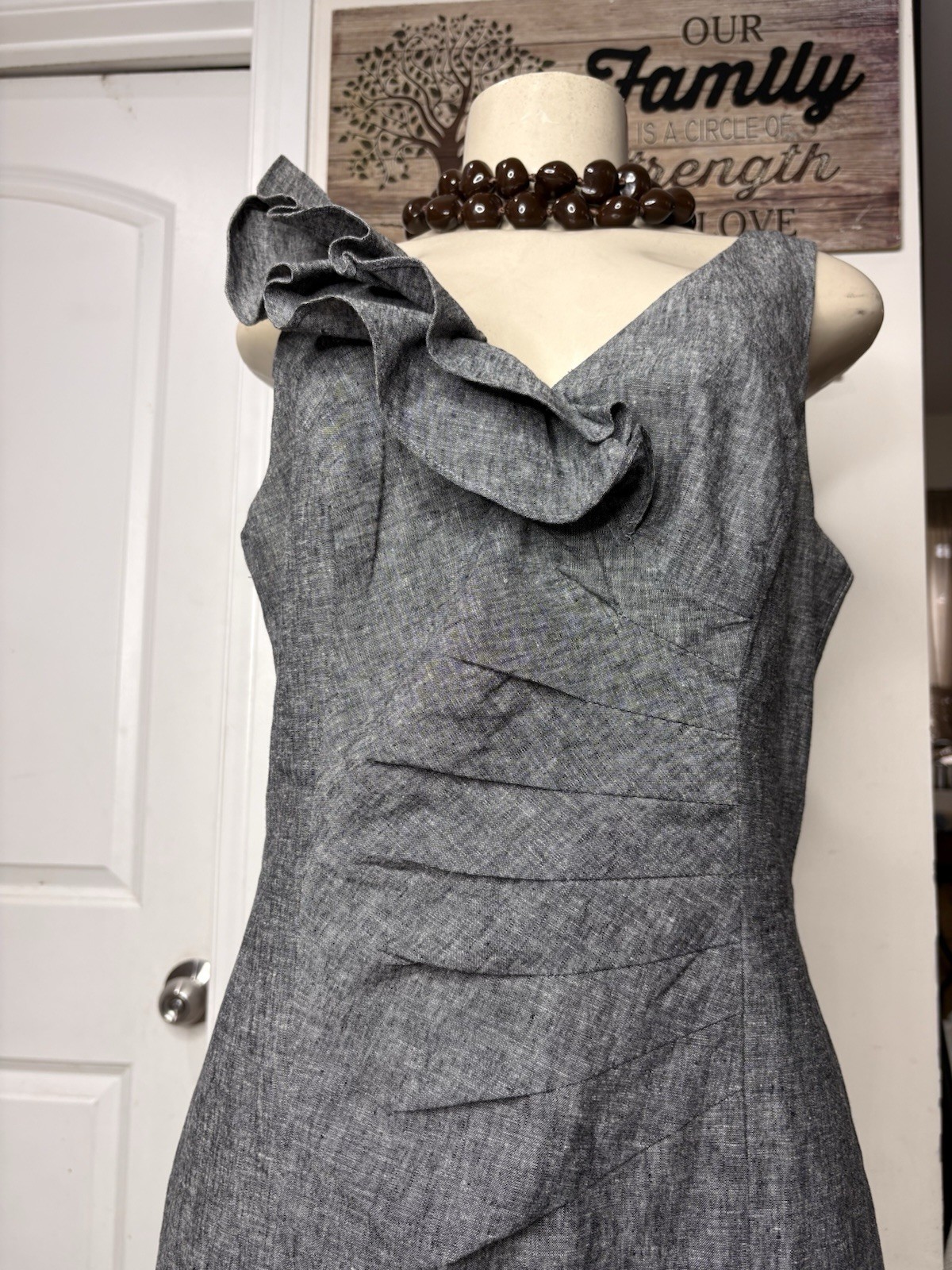 Allen B By Allen Schwart Linen Grey Ruffled Sleeveless Career Dress Sz 8 Sheath