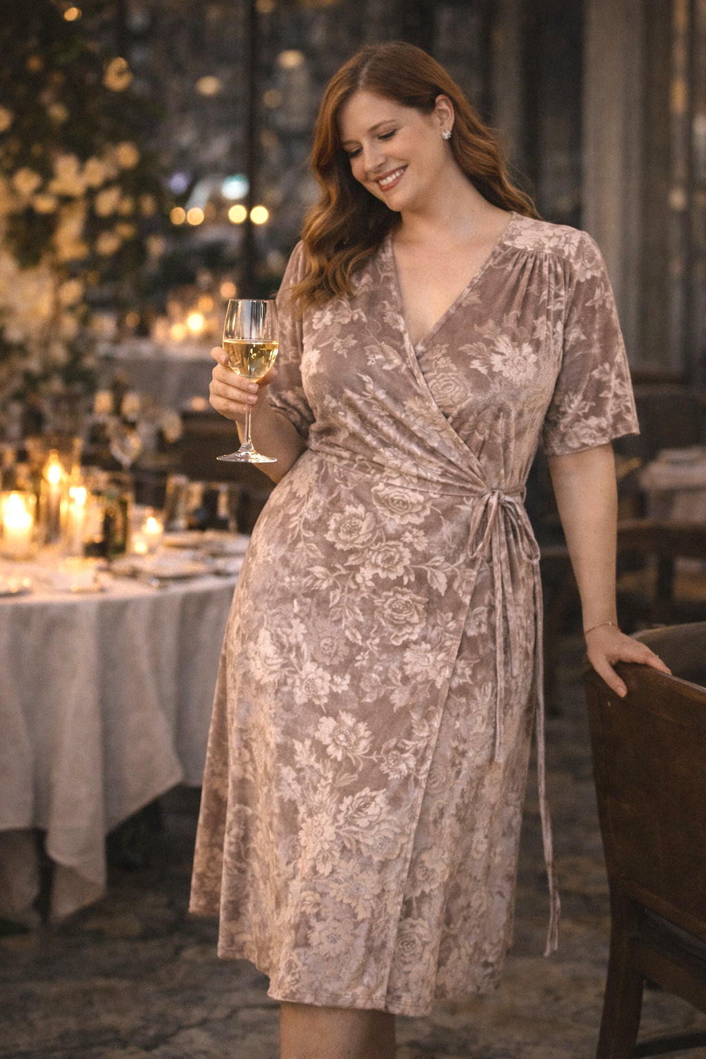Lumiere Beige Floral Velvet Wrap Midi Dress Women’s Large Wedding Guest