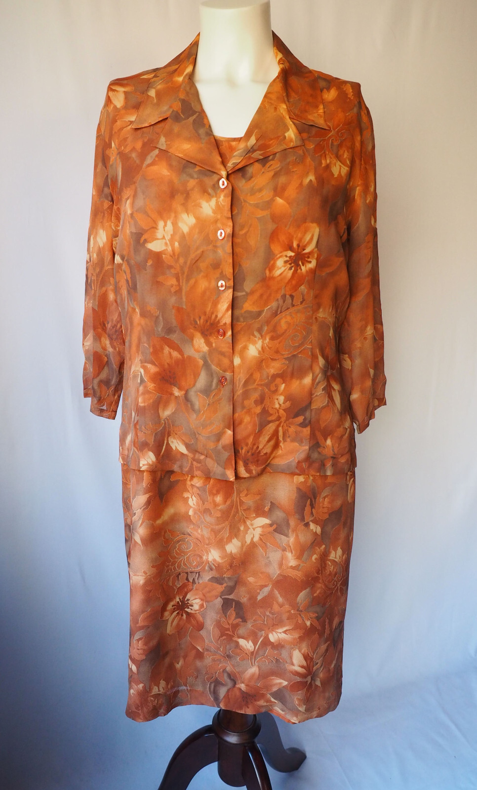 Tess Dress 100% Silk Two Piece Set Lined Chiffon Topper Floral Burnt Orange 10