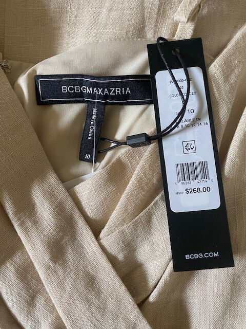 BCBGMAXAZRIA LINEN BLEND “DORIS” RUFFLED MIDI DRESS IN COROZO SIZE 10-$268
