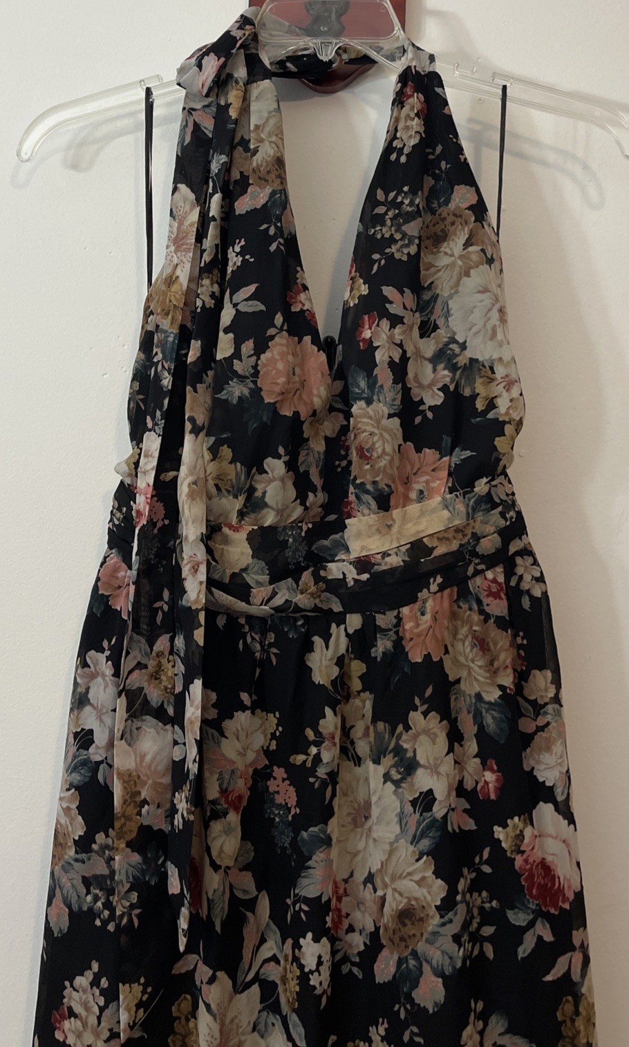 Xtaren Womens Large Black Floral Deep-Vneck Lined Halter Maxi Dress NWT! A2146