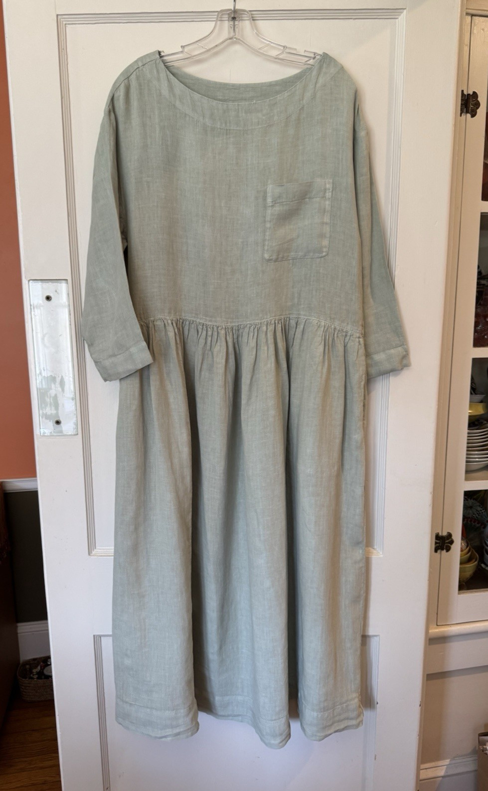 TOAST mint green linen long dress Large loose gathered waist bateau neck pockets