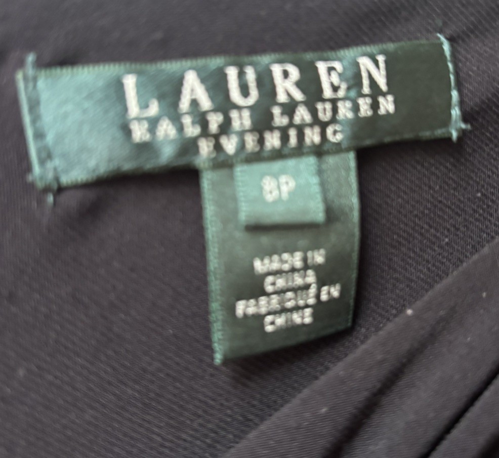 Lauren Ralph Lauren Evening Black V-Neck Gown Faux Wrap Beaded Accent Size 8 P
