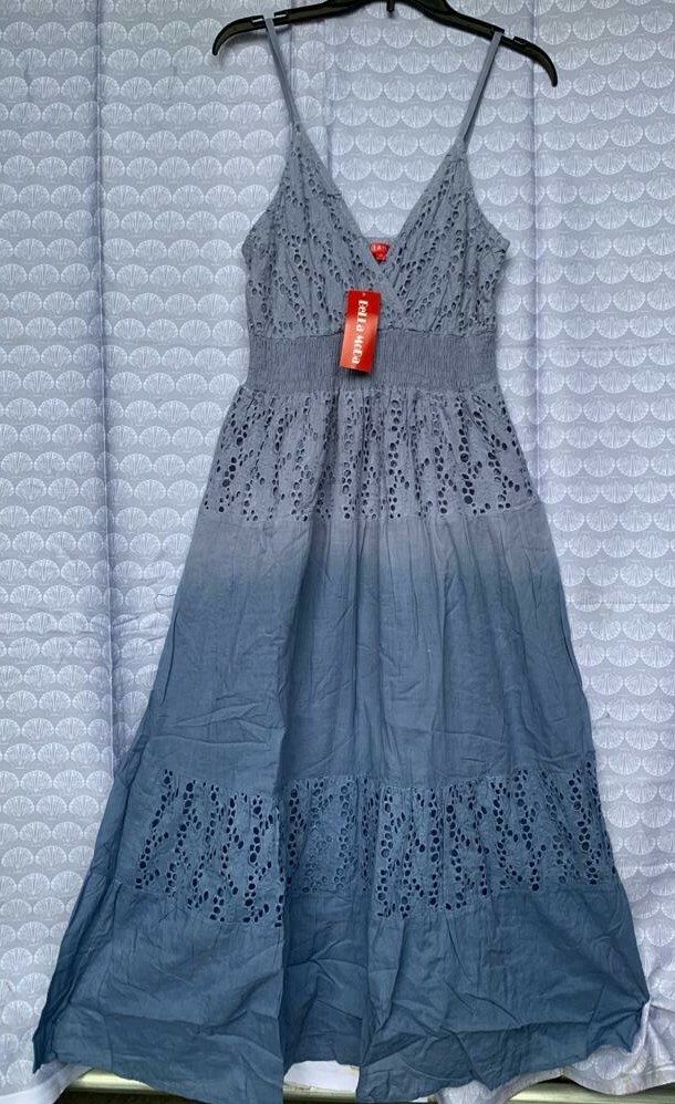 Women v neck cotton eyelet dress solid ombre elastic spaghetti strap summer US