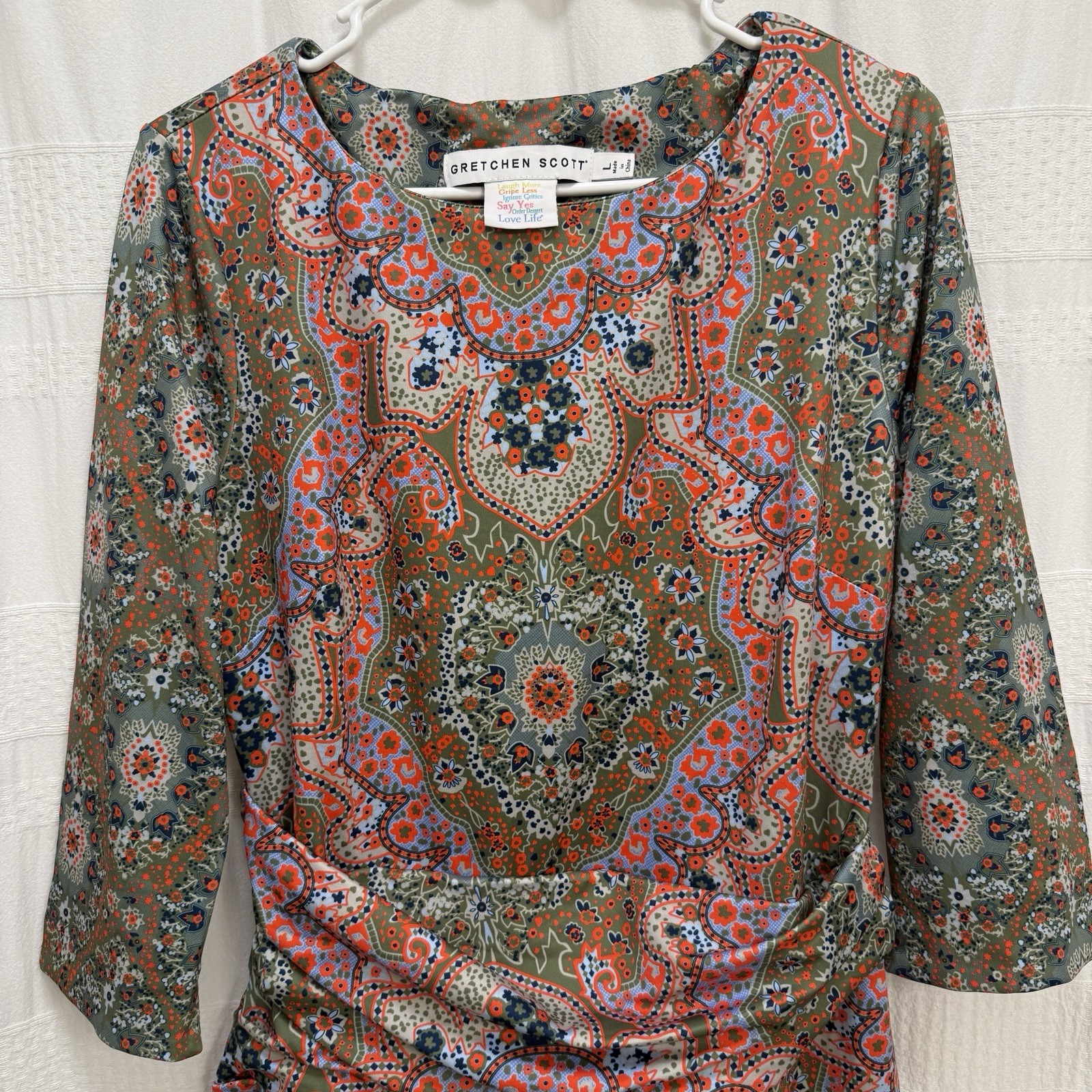 Gretchen Scott Rouched Waist Paisley Dress Women’s Large Performance UPF Green