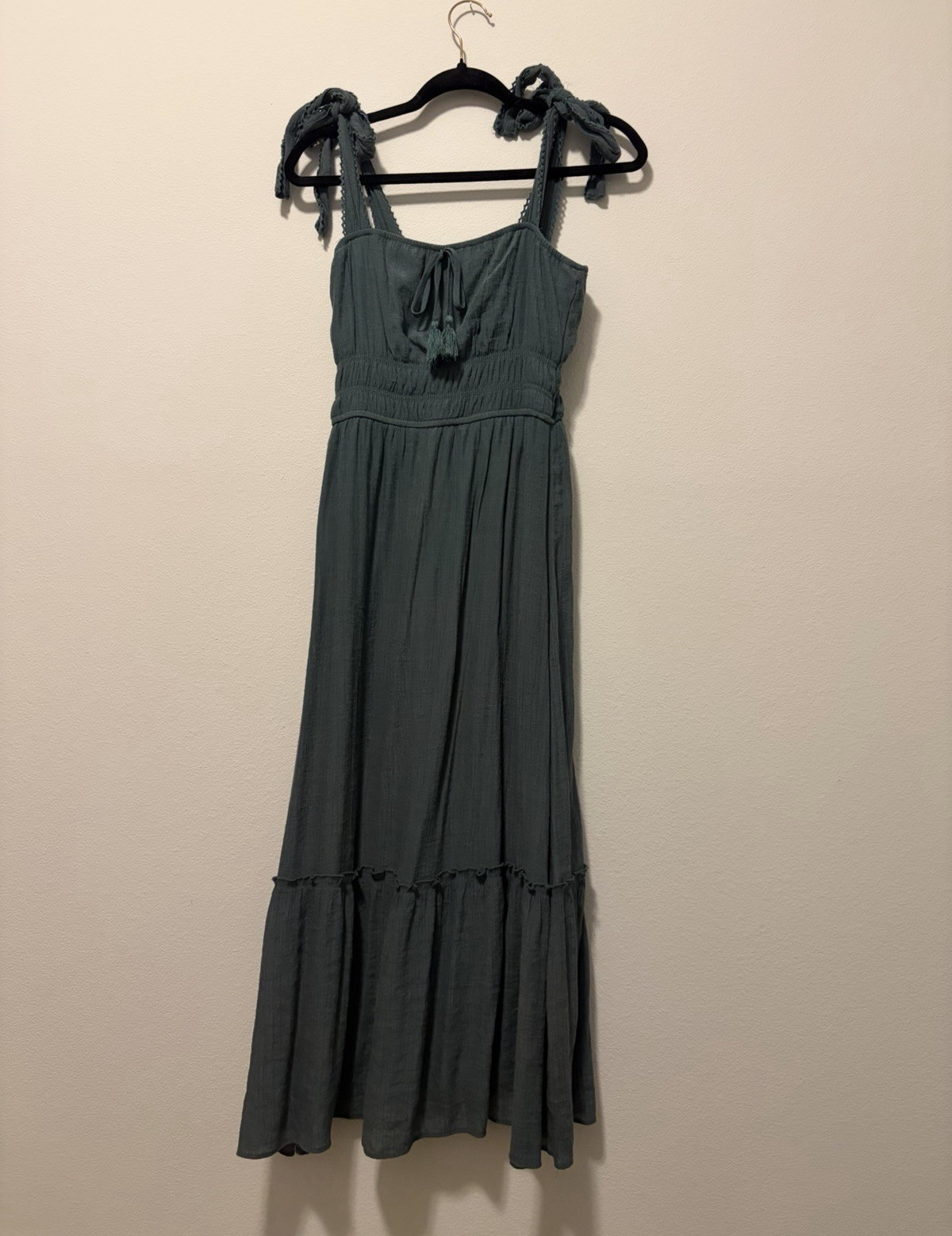 Trixxi Green Square Neck Sleeveless Smocked Tie Strap Midi Sundress M