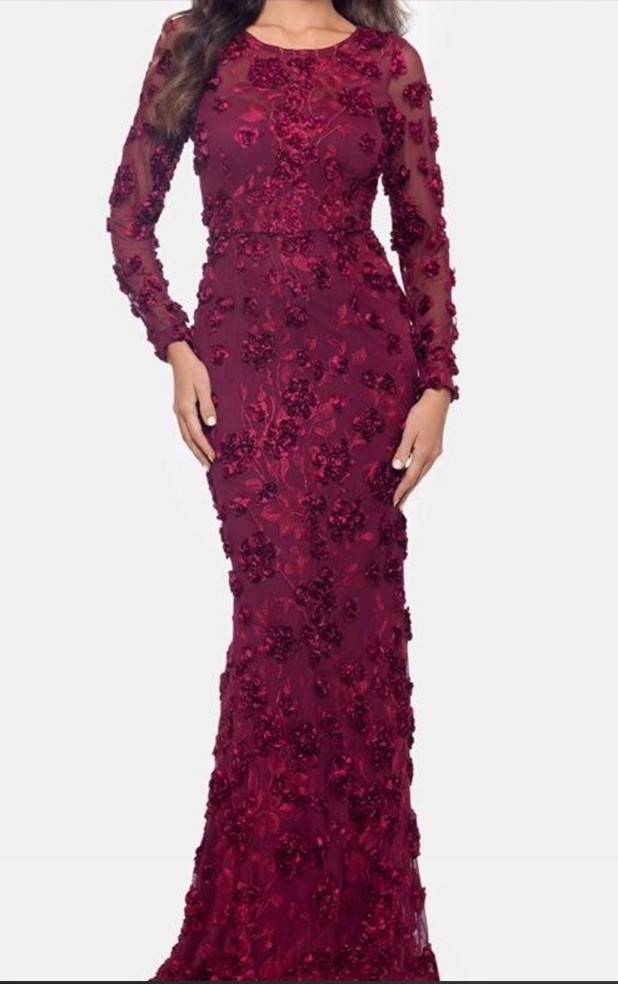 Burgundy Sheer Mesh Floral Embroidered Gown Scoop Neck Long Sleeve Zip