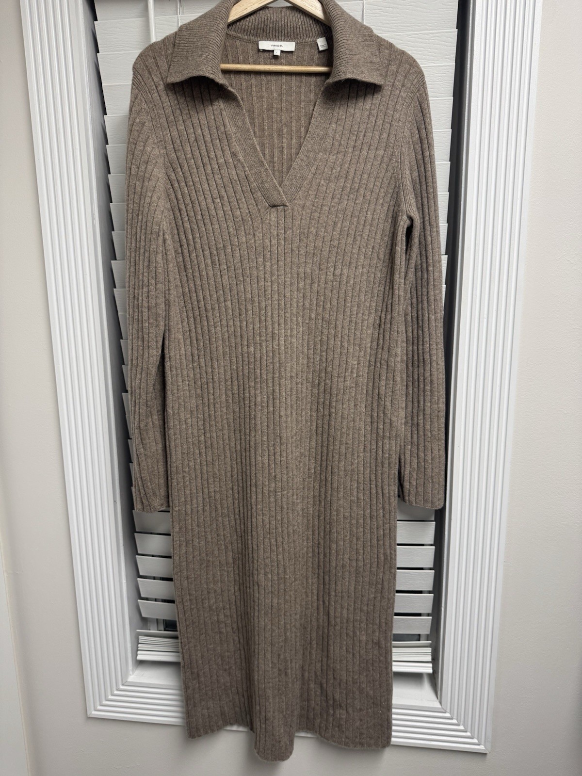 Vince Cashmere Wool Collared Ribbed Sweater Dress Polo Knit Brown Mocha Tan L