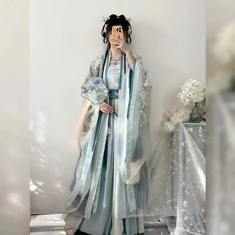 Big Sleeve Cape With Camisole And Pleated Skirt Chinese Style Embroidered Hanfu
