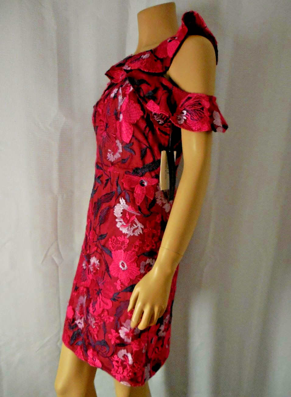 HALSTON Dress size 2 Raspberry red embroidered Party Cocktail ruffles NWT