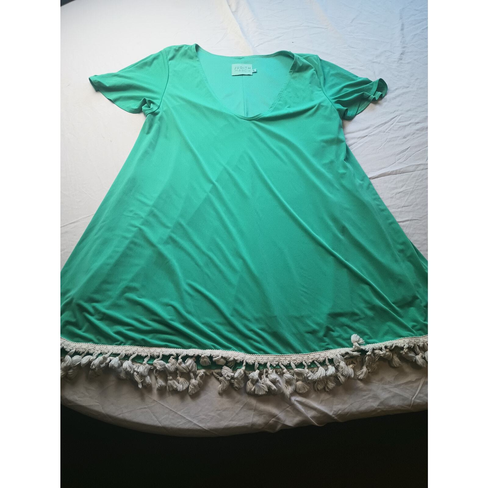 Judith March Green V-Neck Tassel Fringe Boho Mini Dress Tunic Large Made in USA