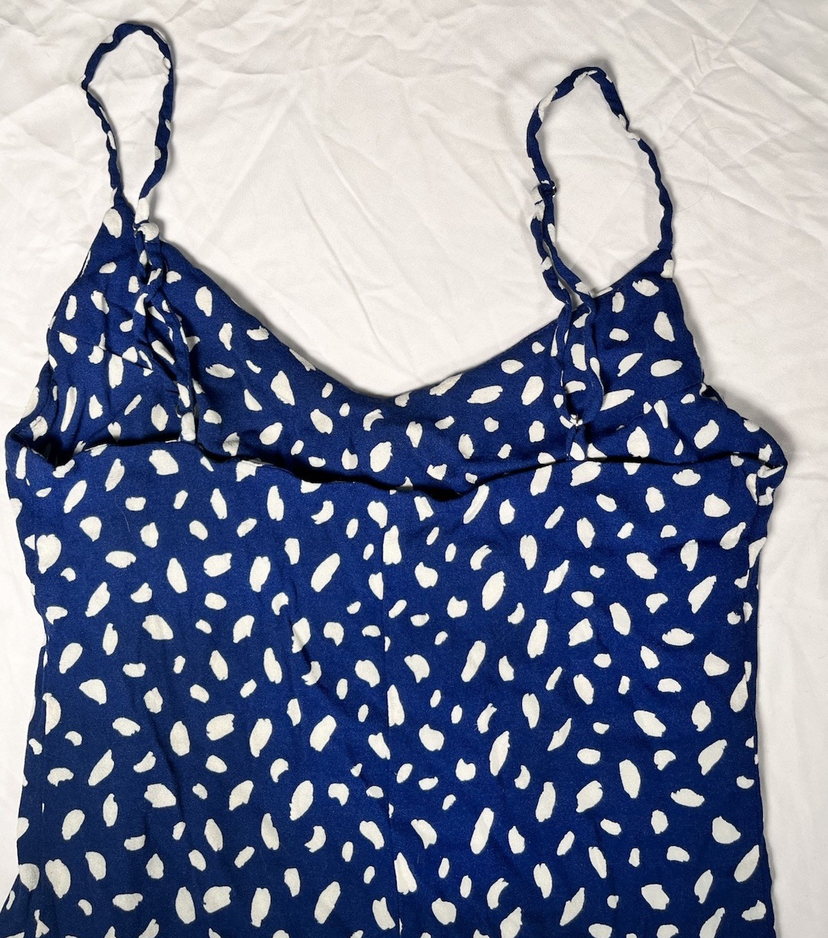 Reformation Crimini Midi Spaghetti Strap V-Neck Dress in Blue Polka Dot Size 4