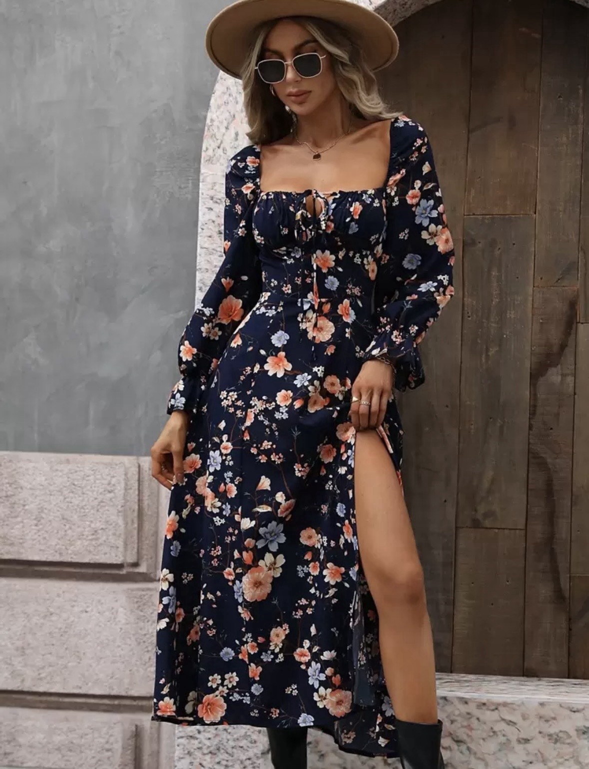 Floral Long Sleeve Maxi Dress Size S Square Neck A-Line Slit Cottagecore Boho