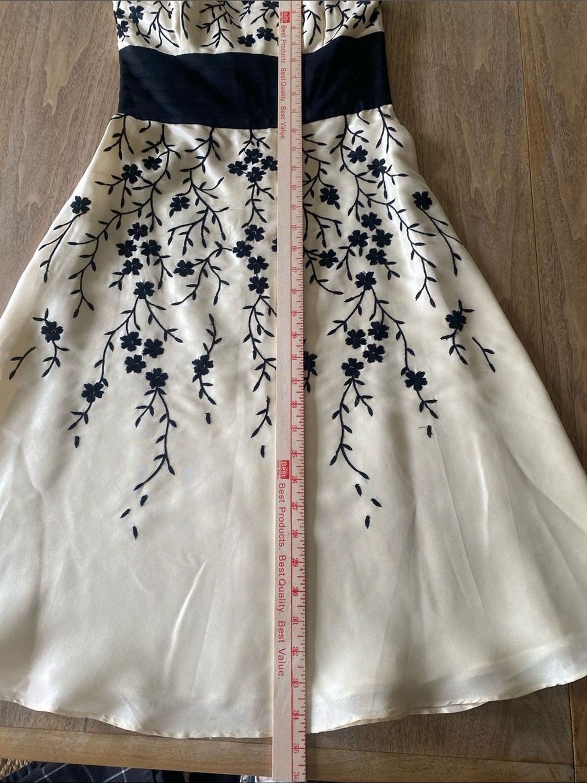 White House Black Market Strapless Silk Dress with Black Embroidery