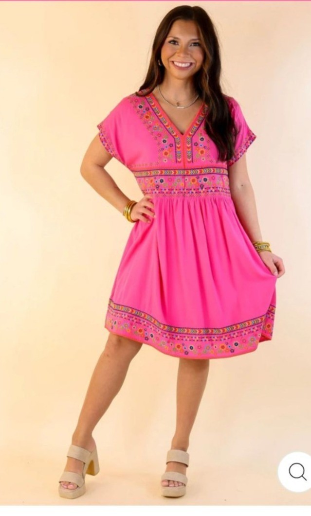Savanna Jane Boho Embroidered Babydoll Mini Dress L Hot Pink Fuchsia Floral