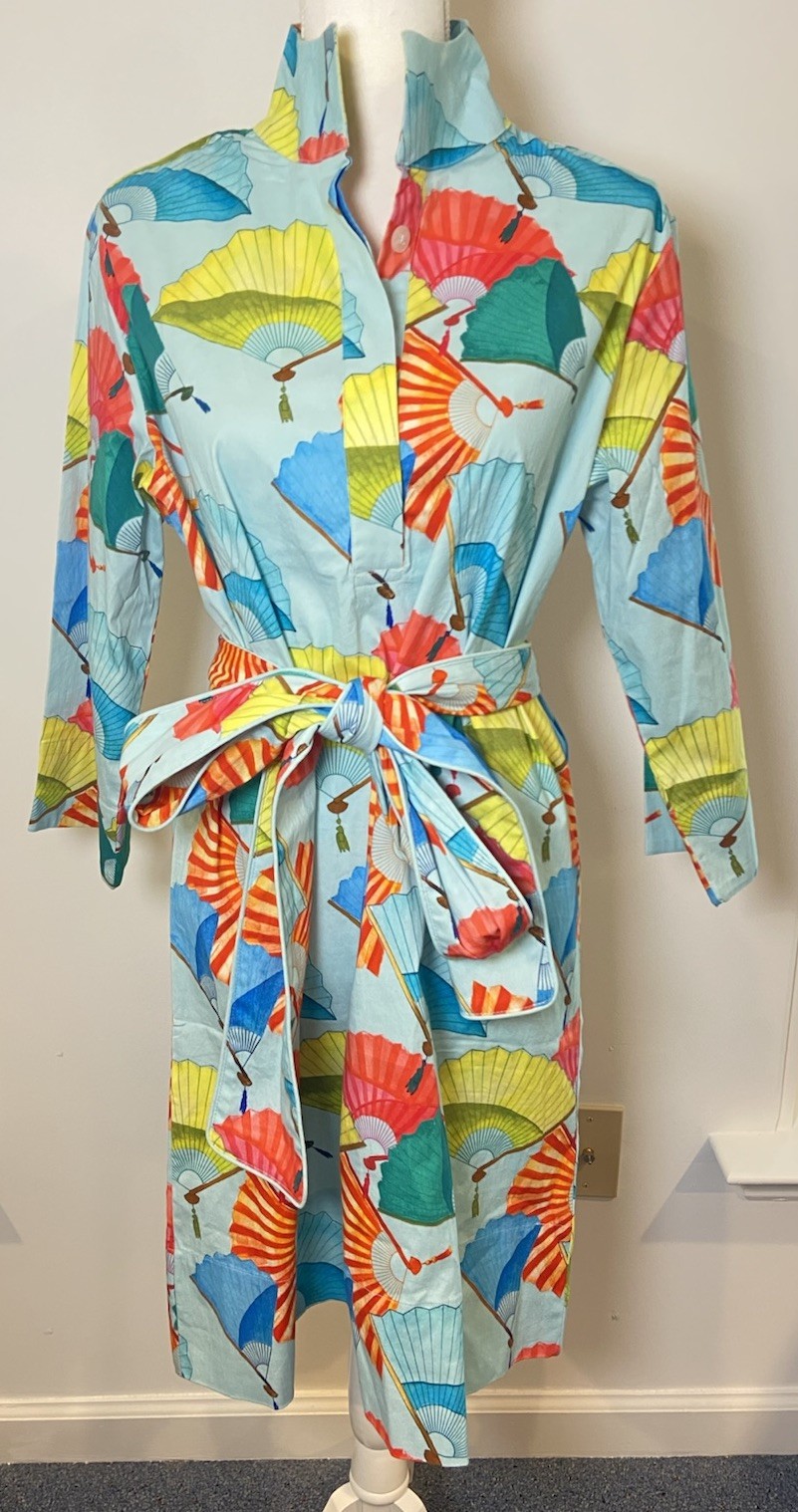 Holly Shae Fanfare Dress Tie Waist Vacation Blue Multi Fans Size XS S