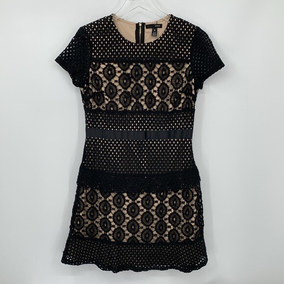 Aqua crochet lace shift dress black nude mini short sleeve peplum Medium
