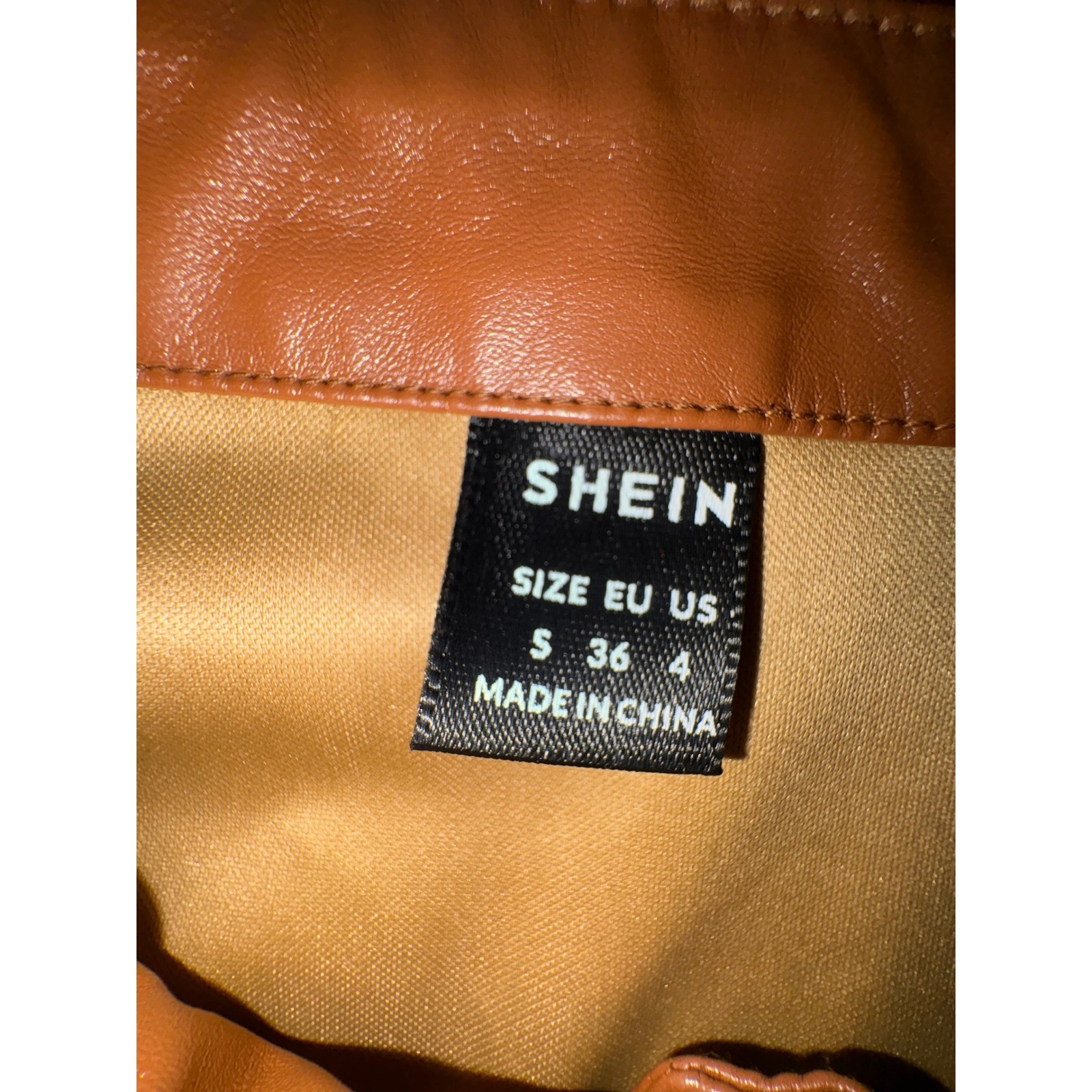 (B1) SHEIN Cognac Brown Faux Leather Puff Sleeve Snap Front Mini Dress Size S