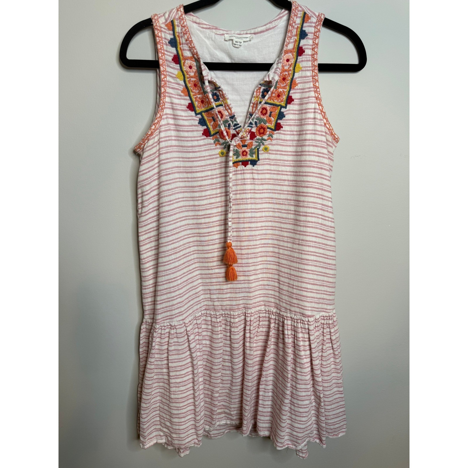 BEACHLUNCHLOUNGE Striped Pink Rose Embroidered Boho Linen Blend Daphine Dress XS