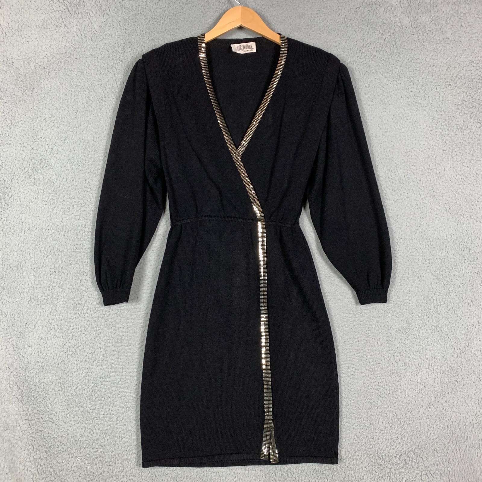 St. John Paillettes Shimmer Dress 4 Santana Knit Sheath Midi Black Vintage 80s