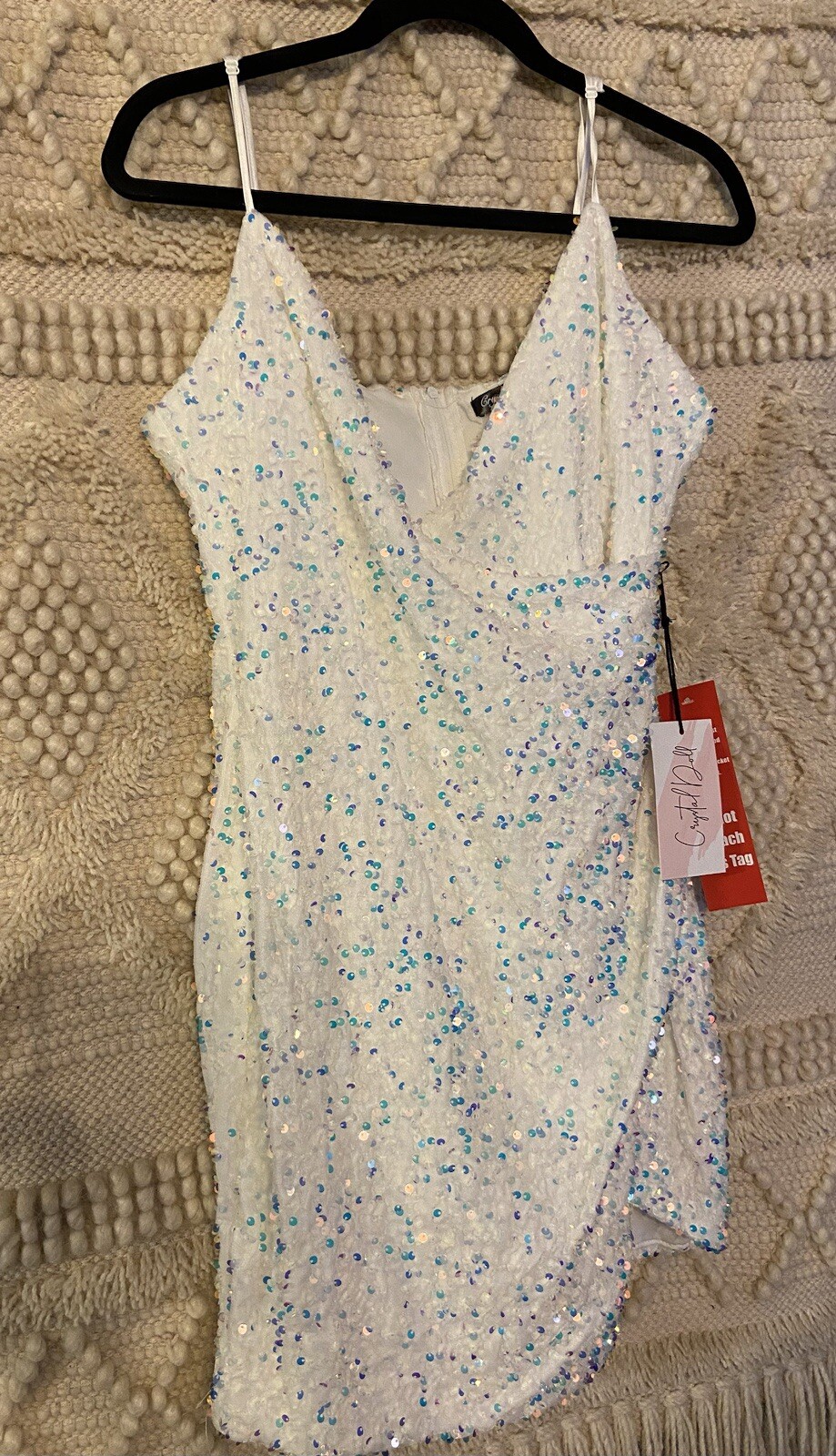 Crystal Doll White Sequence Crystal Party Mini Dress Short Size: Large Leg Slit