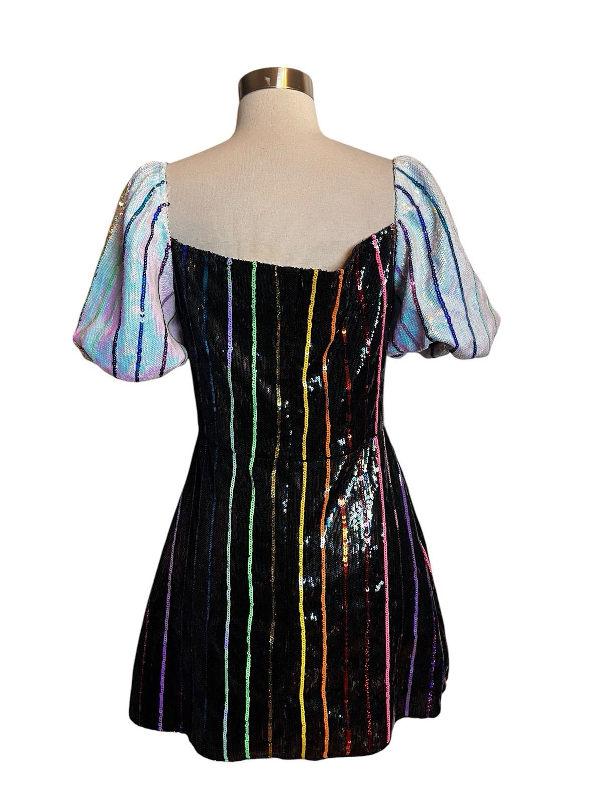 Queen of Sparkles Sequin Rainbow Stripe Dress Small Puff Sleeve