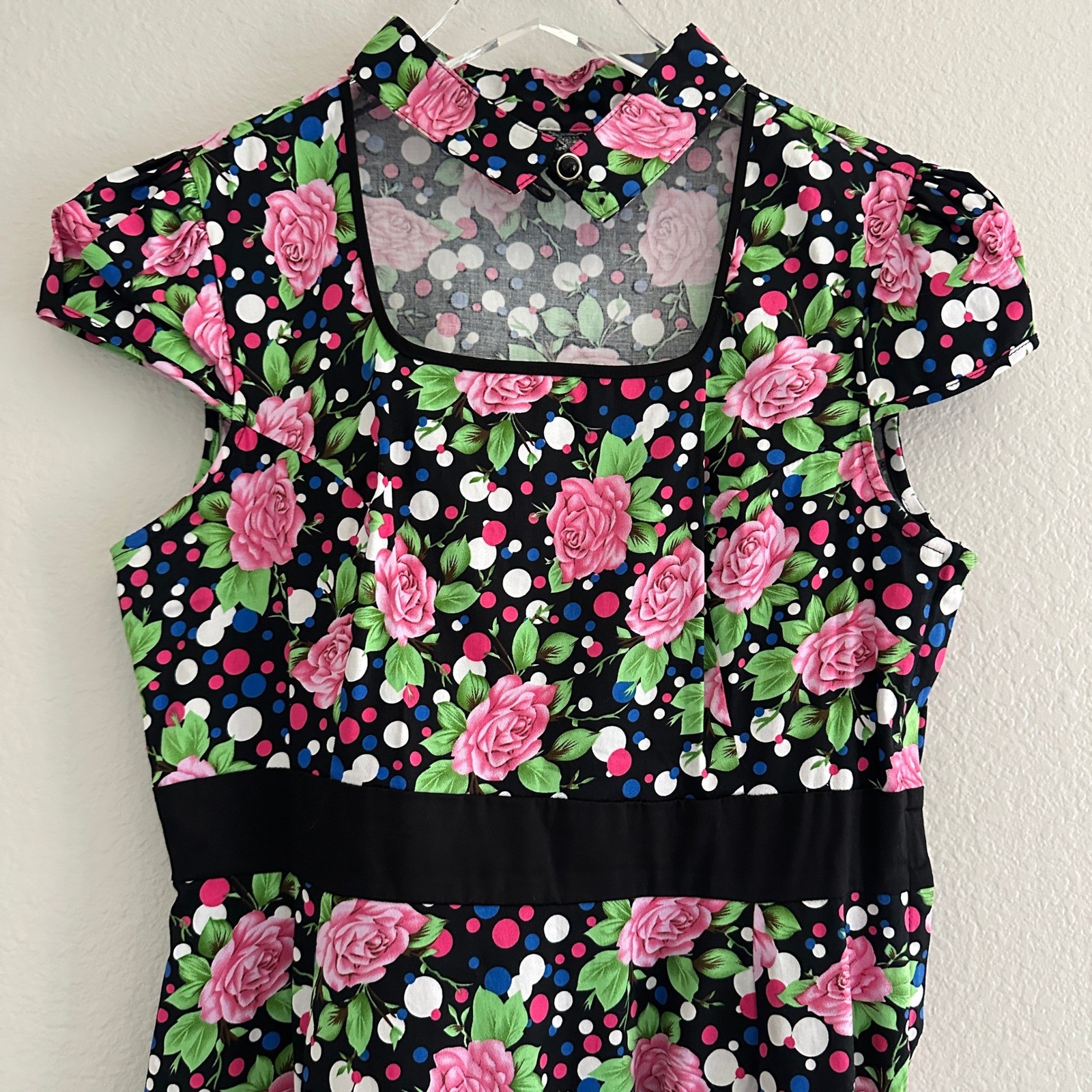 Hearts & Roses Fit & Flare Dress Size 12 Black Floral Polka Dot Rockabilly Tulle