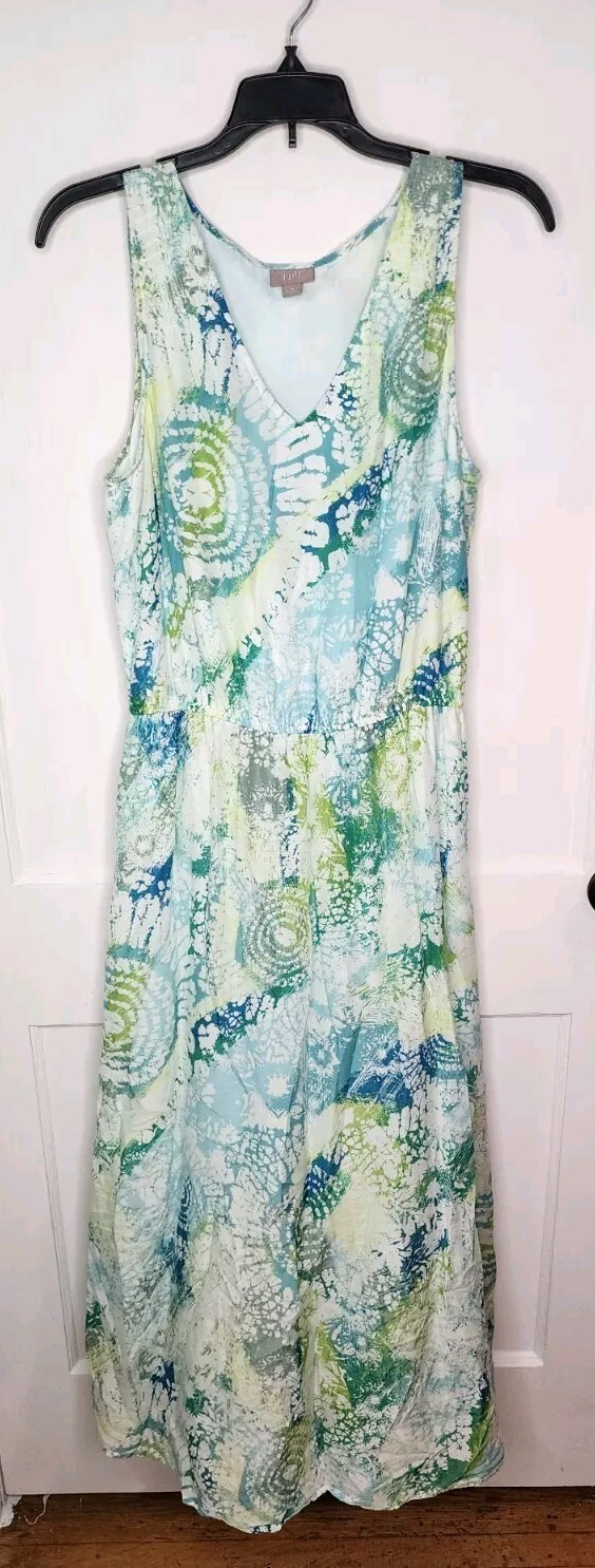 J Jill Green Yellow Blue Tie Dye Sleeveless Maxi Dress Cotton Silk Size M V-Neck