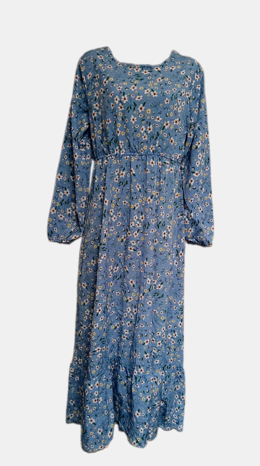 Womens L Maxi Dress Blue Floral Long Sleeve Stretch Waist Crew Neck Modest