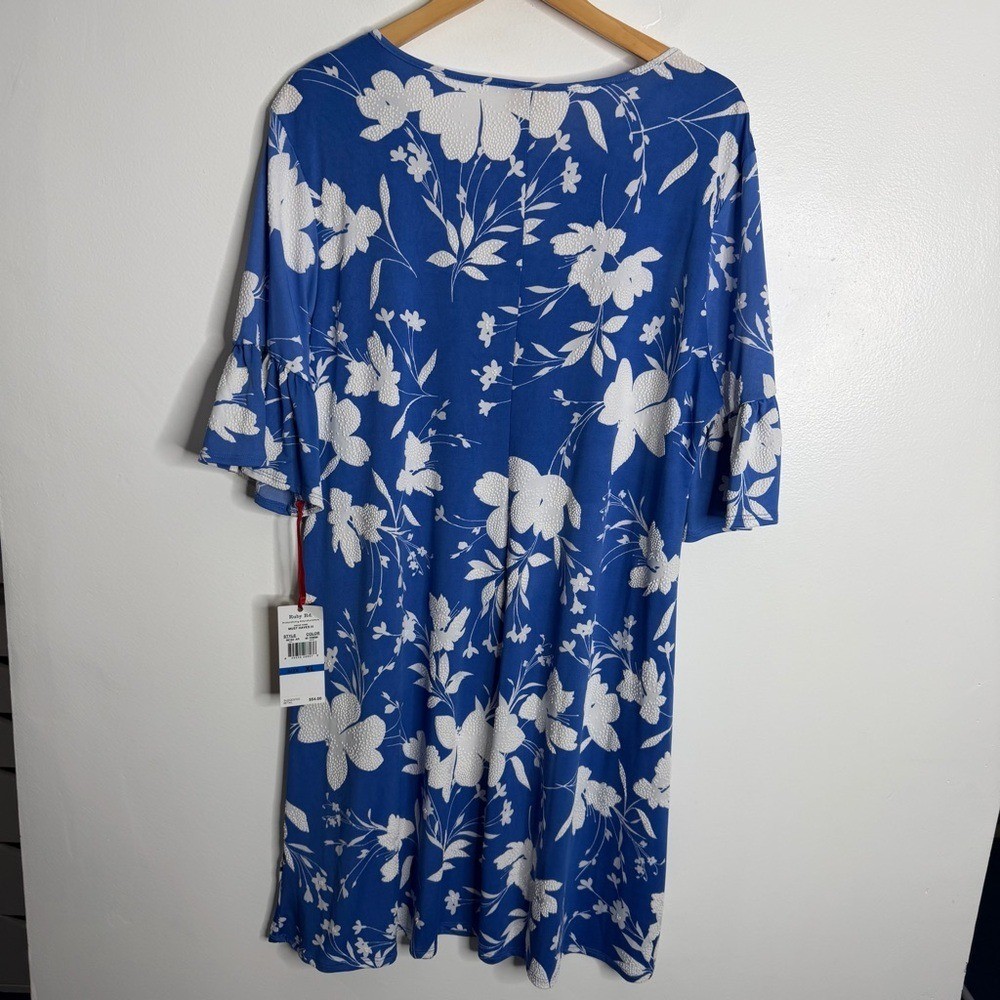 NWT Ruby Rd. Blue White Floral Dress Keyhole Neck Casual Summer Semi Sheer XL