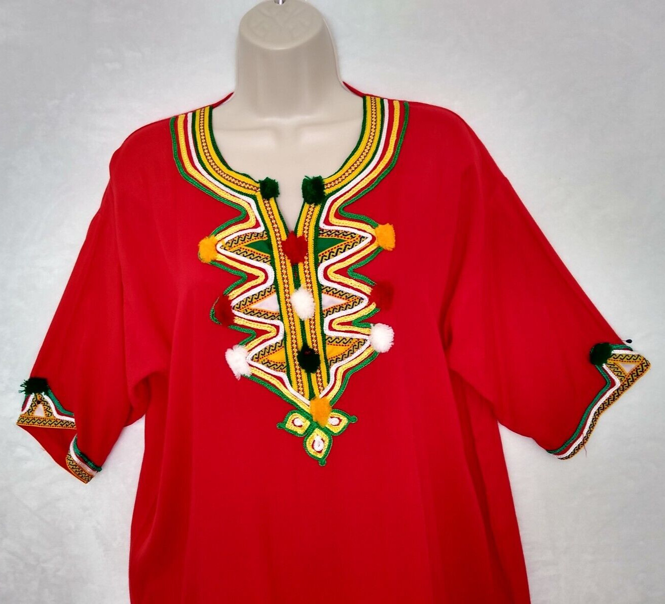 Moroccan Kaftan Gandoura Berber Clothes Handmade Dress Bohemian Red Ribbon Women