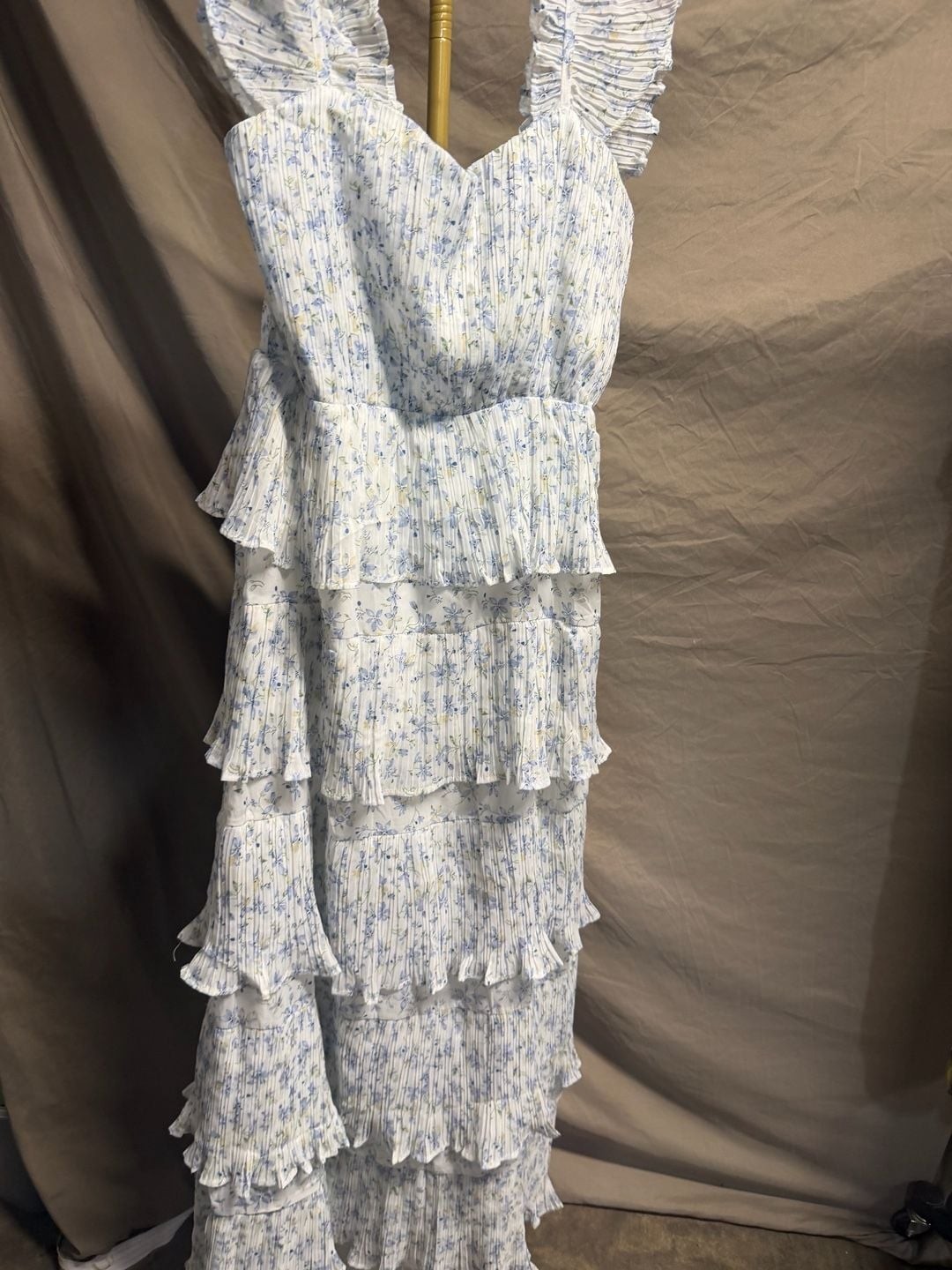 Just Me Blue Floral Pleated Tiered Midi Dress with Ruffle Straps. Waist 15 1/2-