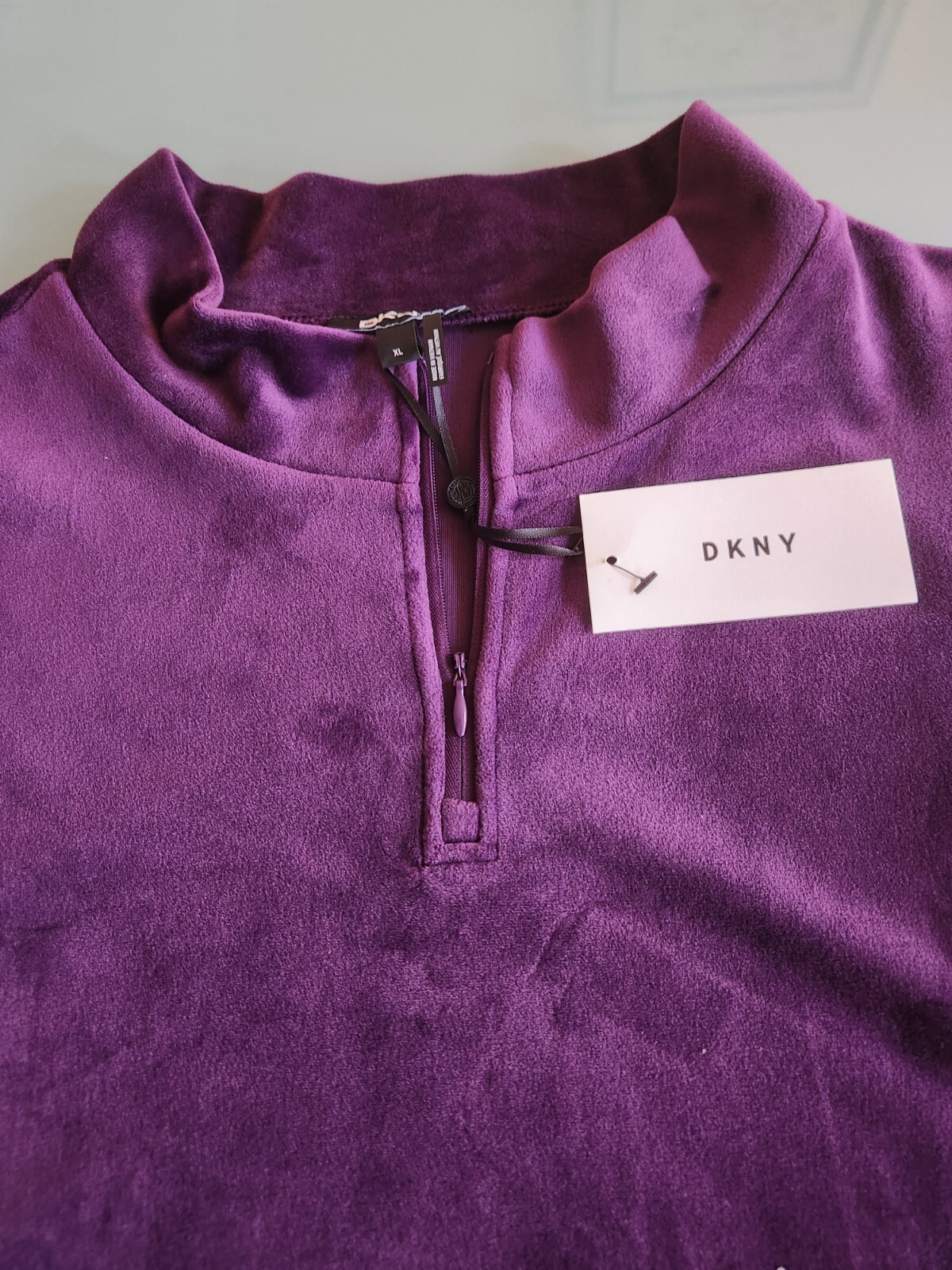 New DKNY Purple Velour Stand up Collar with Short Zipper and Logo dress, Size XL