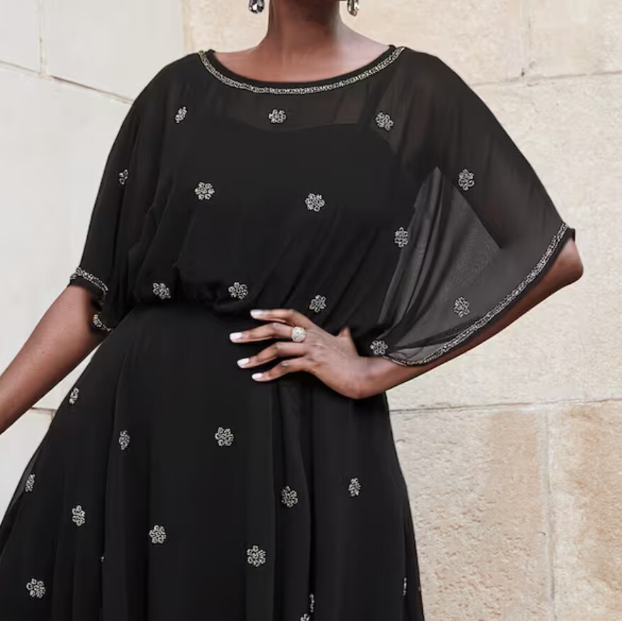 Size 14 Ashro Black Formal Wedding Funeral Party Flowy Beaded Sequin Khara Dress