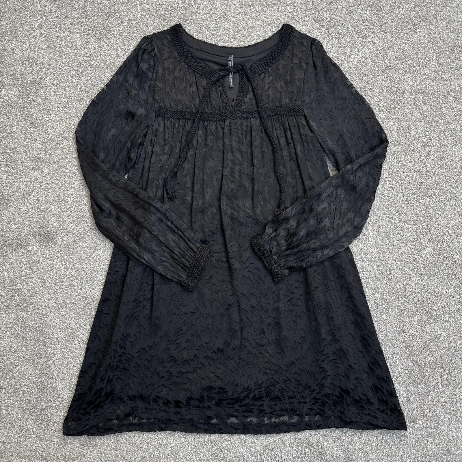 InWear Dress Womens 10 Black Jacquard Tassel Boho Silk Babydoll Danish Vintage