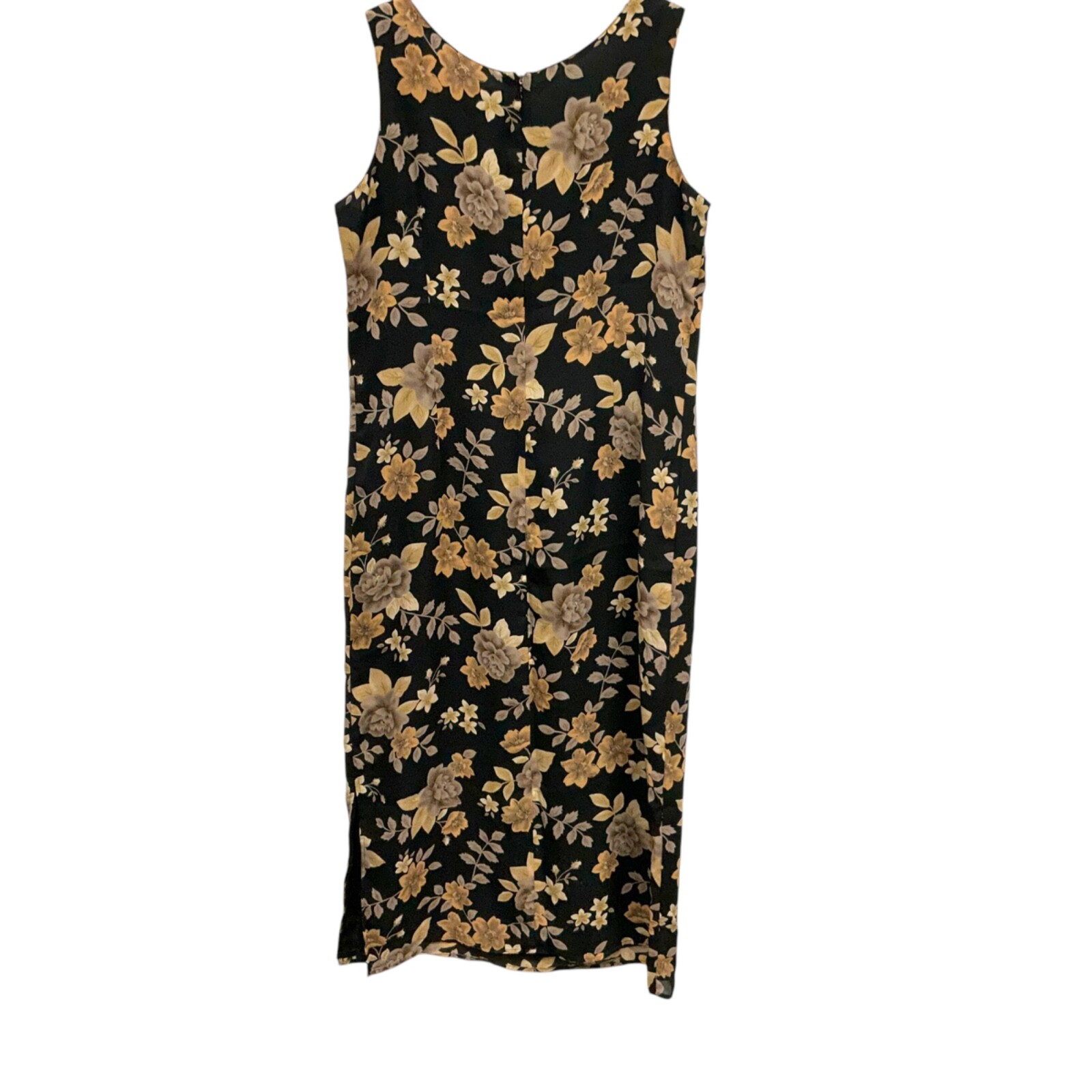 Laura Scott Dress Full Long Sleeveless Black Pencil Sz L tan Beige Floral lined