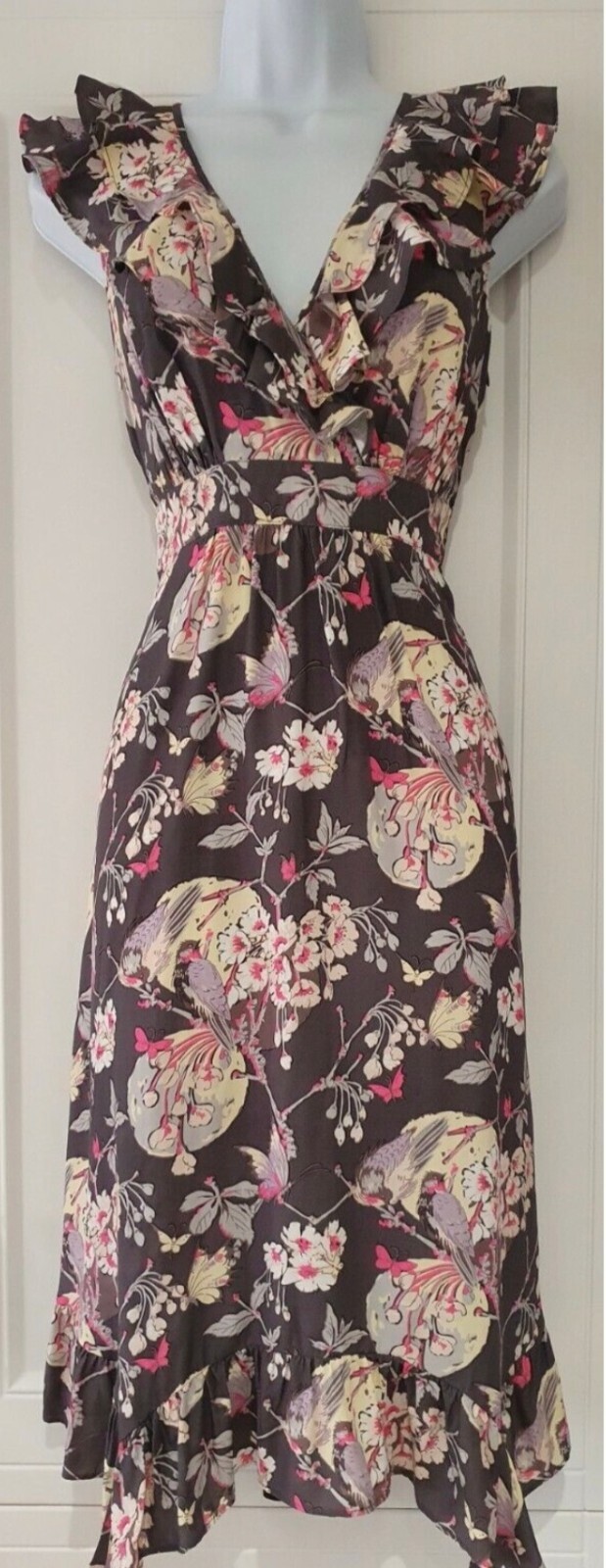 Monsoon Grey Floral Bird asymmetric Ruffle Midi Dress Fit and Flare Size UK8