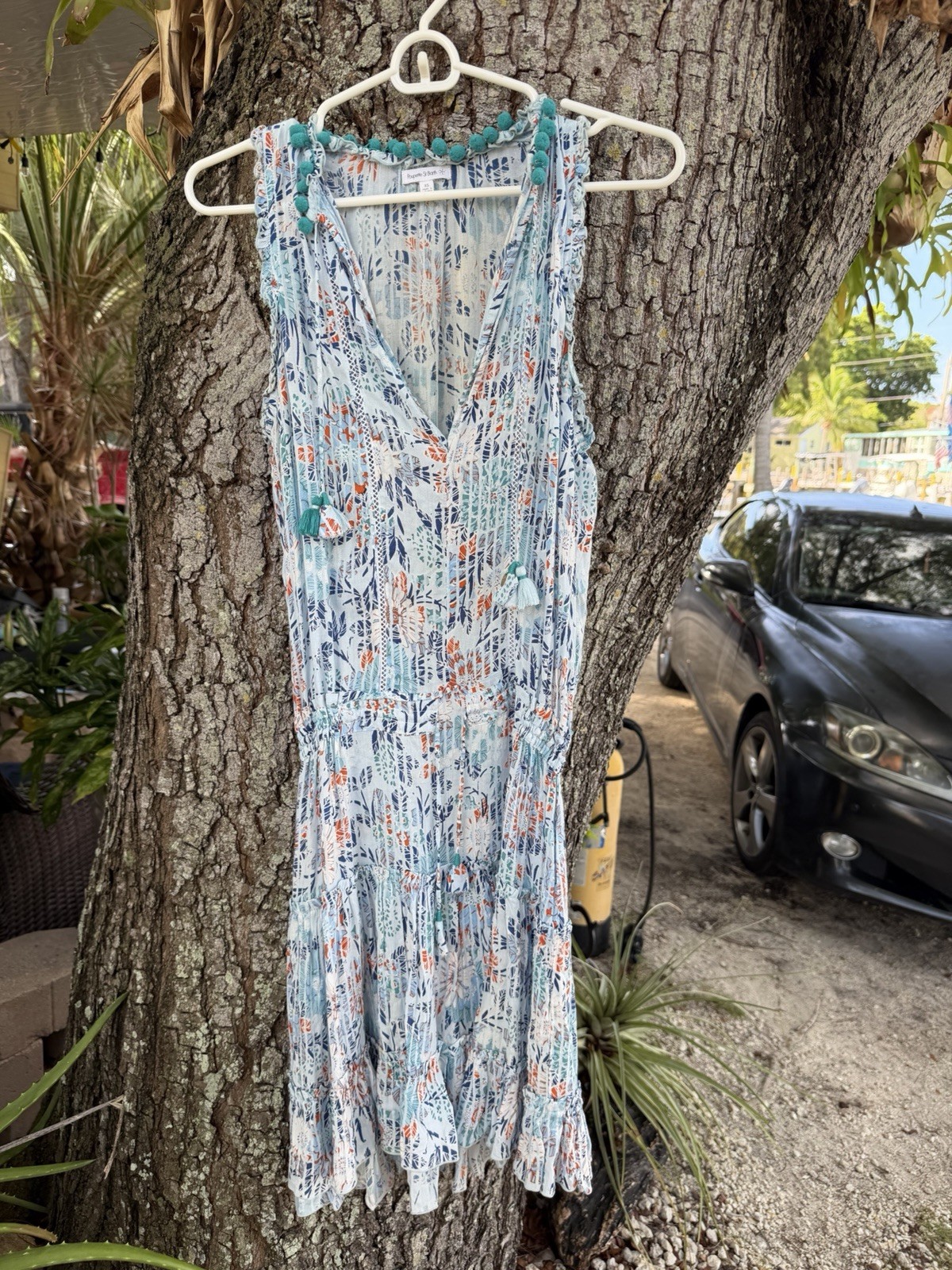 Poupette St Barth Clara Mini Dress blue/white Boho chic, tassels XS/S