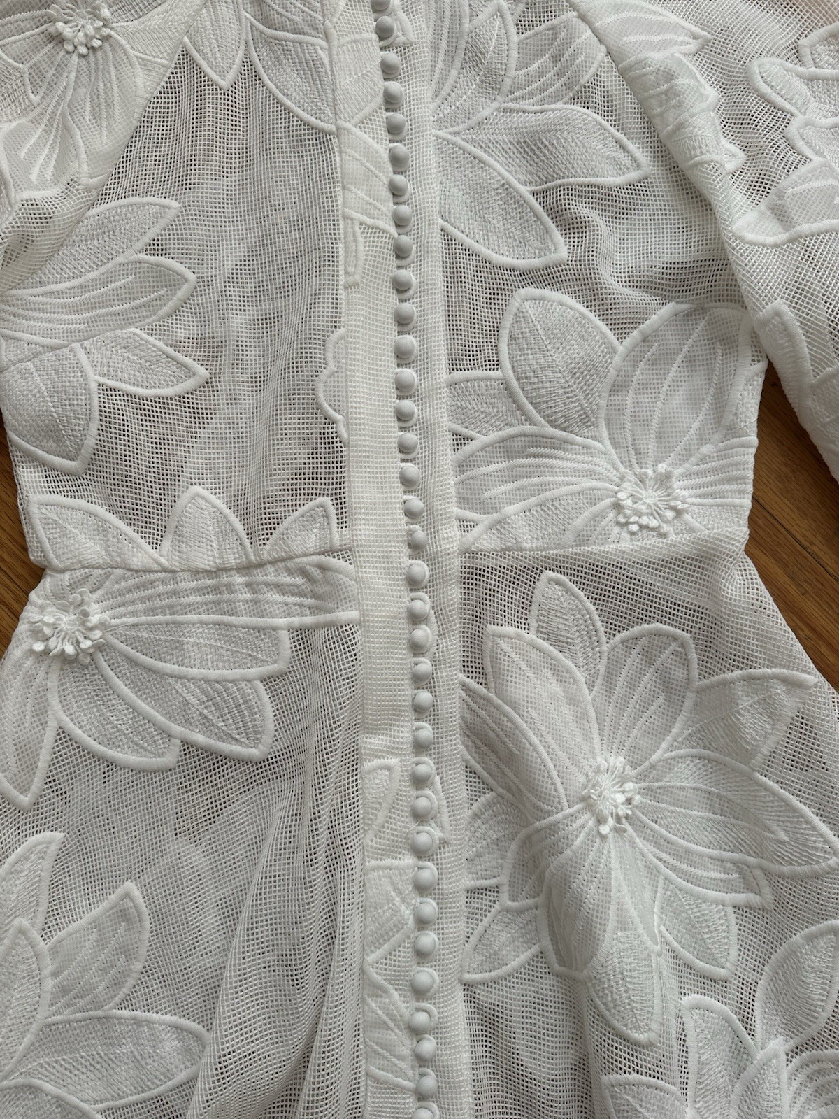 Flower Embroidered Front Bottons Back Zipper Lace Dress White Size L (US 8)
