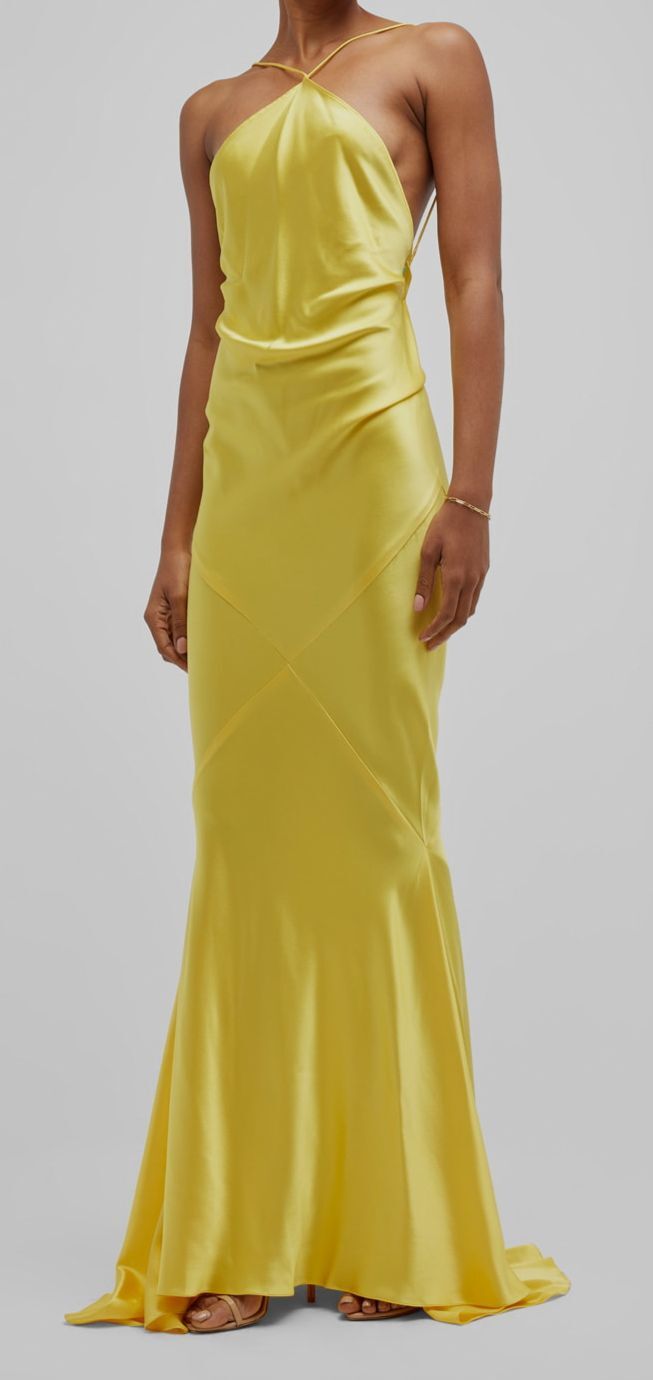$3296 Sergio Hudson Women Yellow Wool Blend Halter Neck Trumpet Gown Dress Sz 2
