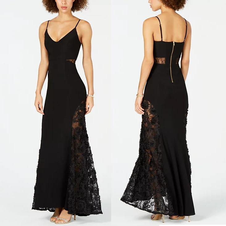 BETSY & ADAM Petite Adjustable Strap Sheer Lace Contrast V-Neck Trumpet Gown, 2P